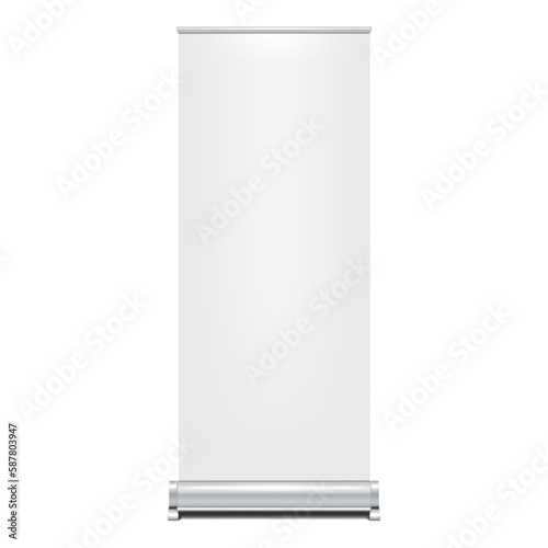 Blank vertical roll-up banner stand vector mockup. Pull-up roller portable signage mock-up. White pop-up advertising display template © JAYANNPO