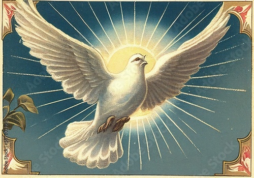 Pentecostal dove. Vintage postcard. Illustration by Generative AI. photo