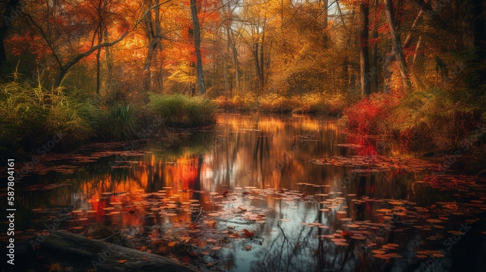 A tranquil pond reflecting the vibrant colors of autumn leaves, surrounded by trees ablaze with red, orange and yellow hues. Generative AI - obrazy, fototapety, plakaty 