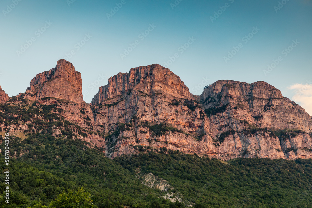 Rock walls of Vikos Gorge seen from Papingo Mikro traditional greek mountain village, Greece