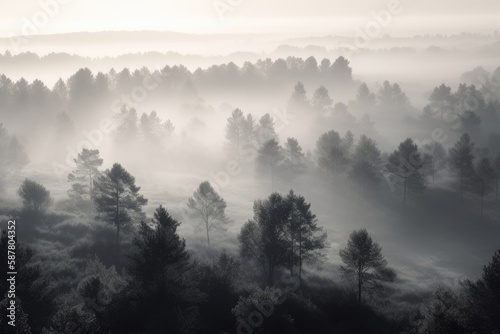 pine forest in the mountains, blanketed in morning mist. The trees rise tall and straight, with their branches covered in needles that are tinged with dew Generative AI