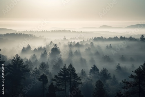 pine forest in the mountains, blanketed in morning mist. The trees rise tall and straight, with their branches covered in needles that are tinged with dew Generative AI