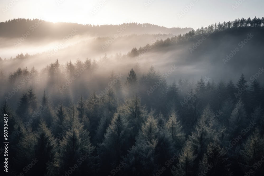 pine forest in the mountains, blanketed in morning mist. The trees rise tall and straight, with their branches covered in needles that are tinged with dew Generative AI