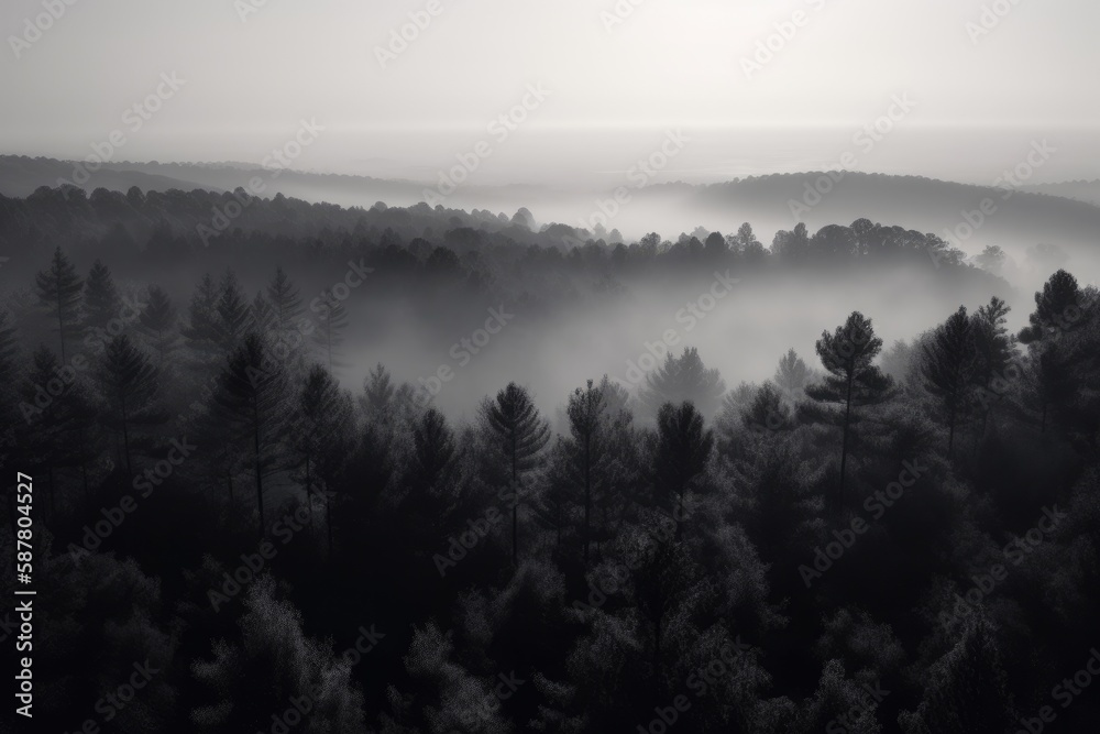 pine forest in the mountains, blanketed in morning mist. The trees rise tall and straight, with their branches covered in needles that are tinged with dew Generative AI