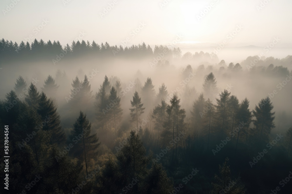pine forest in the mountains, blanketed in morning mist. The trees rise tall and straight, with their branches covered in needles that are tinged with dew Generative AI pine forest in the mountains, blanketed in morning mist. The trees rise tall and straight, with their branches covered in needles that are tinged with dew Generative AI