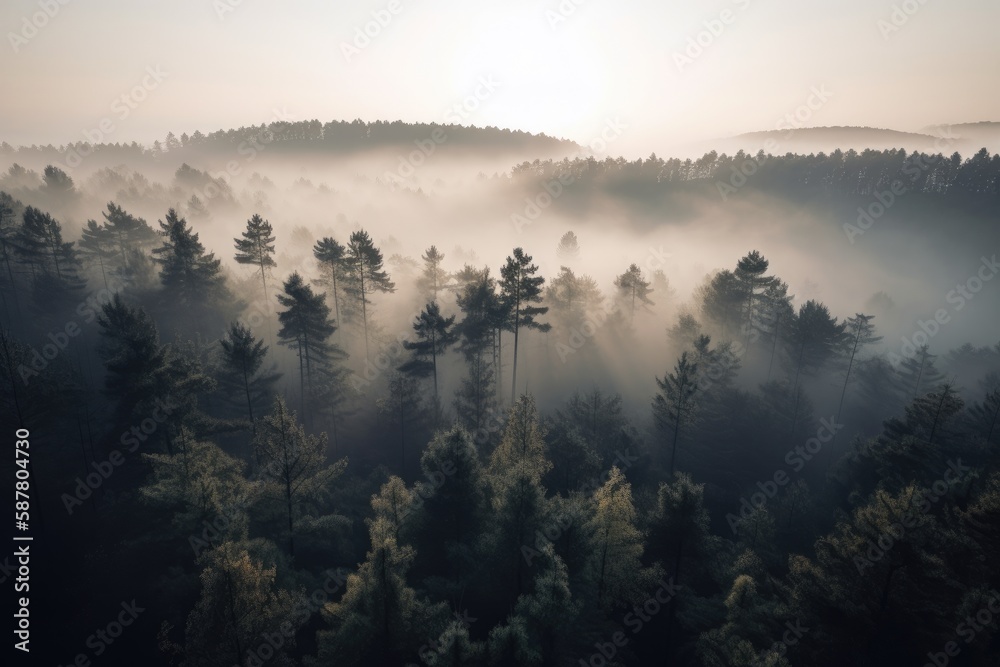 pine forest in the mountains, blanketed in morning mist. The trees rise tall and straight, with their branches covered in needles that are tinged with dew Generative AI pine forest in the mountains, blanketed in morning mist. The trees rise tall and straight, with their branches covered in needles that are tinged with dew Generative AI