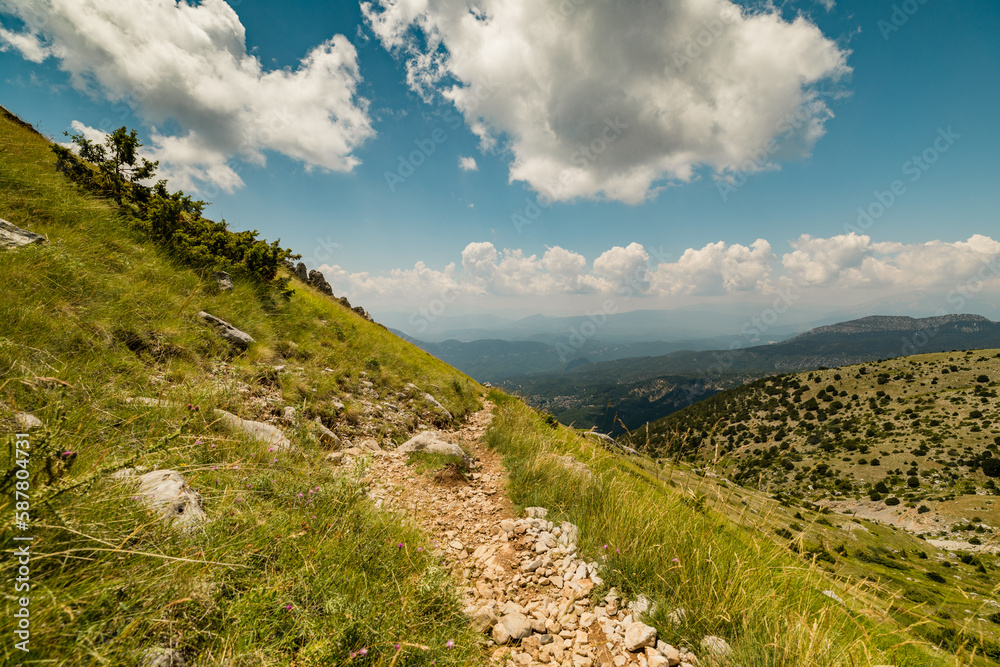 Fototapeta premium Mountain path in Vikos National Park near Tymfi's mountain refuge in Pindus Mountain, Greece