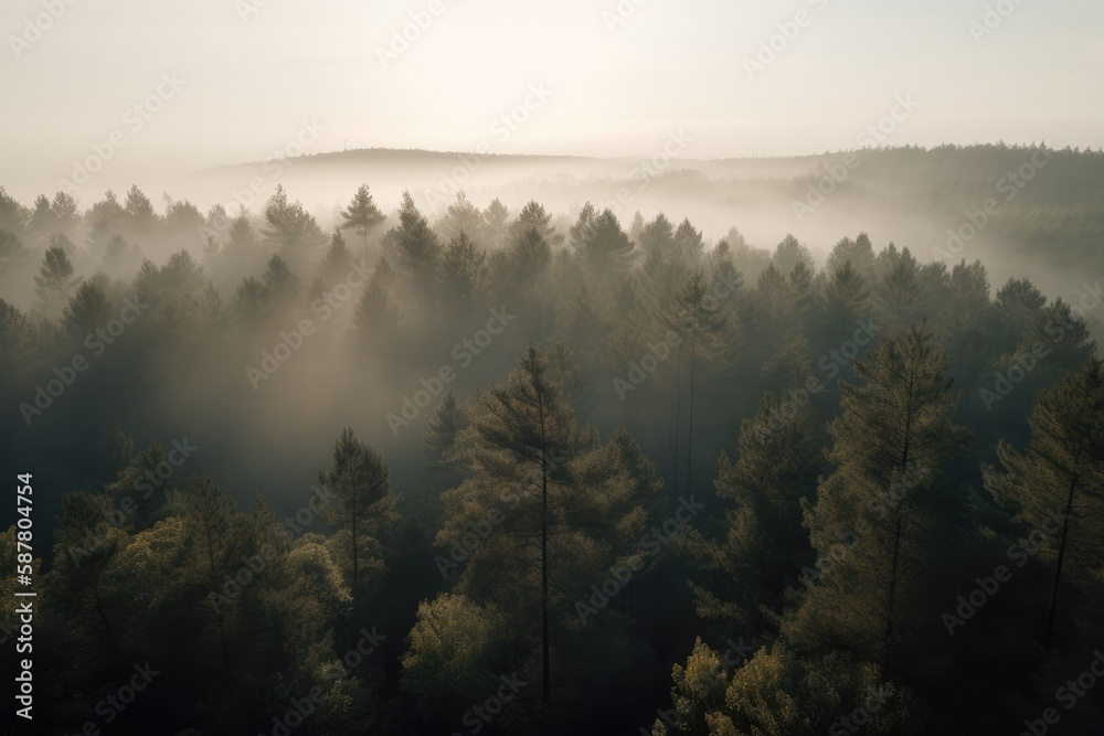 pine forest in the mountains, blanketed in morning mist. The trees rise tall and straight, with their branches covered in needles that are tinged with dew Generative AI pine forest in the mountains, blanketed in morning mist. The trees rise tall and straight, with their branches covered in needles that are tinged with dew Generative AI