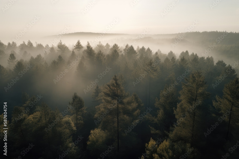 pine forest in the mountains, blanketed in morning mist. The trees rise tall and straight, with their branches covered in needles that are tinged with dew Generative AI