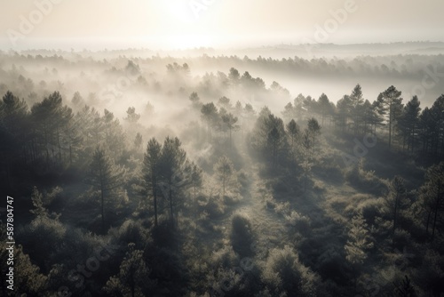 pine forest in the mountains, blanketed in morning mist. The trees rise tall and straight, with their branches covered in needles that are tinged with dew Generative AI © ChaoticMind