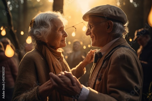 Nighttime party held in a beautifully decorated backyard. In the foreground, an older couple dances together, smiling and laughing as they enjoy the music and the atmosphere Generative AI