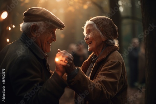 Nighttime party held in a beautifully decorated backyard. In the foreground, an older couple dances together, smiling and laughing as they enjoy the music and the atmosphere Generative AI © ChaoticMind