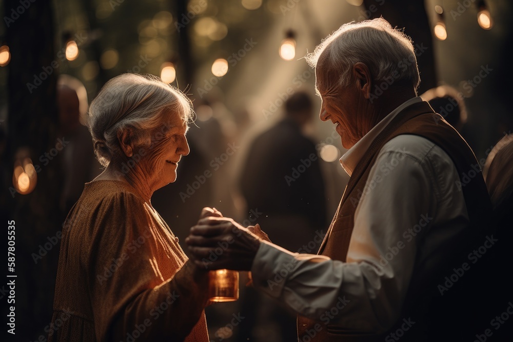 Nighttime party held in a beautifully decorated backyard. In the foreground, an older couple dances together, smiling and laughing as they enjoy the music and the atmosphere Generative AI Nighttime party held in a beautifully decorated backyard. In the foreground, an older couple dances together, smiling and laughing as they enjoy the music and the atmosphere Generative AI