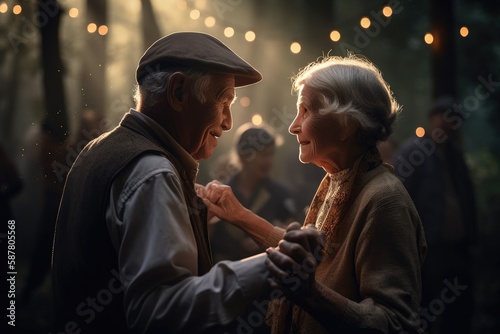 Nighttime party held in a beautifully decorated backyard. In the foreground, an older couple dances together, smiling and laughing as they enjoy the music and the atmosphere Generative AI