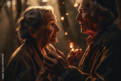 Nighttime party held in a beautifully decorated backyard. In the foreground  an older couple dances together  smiling and laughing as they enjoy the music and the atmosphere Generative AI