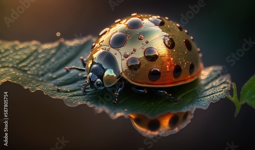  a lady bug sitting on top of a leaf covered in water droplets. generative ai