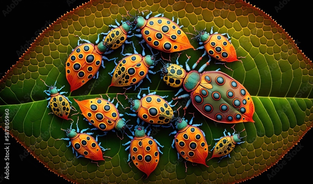 Fototapeta premium a group of ladybugs sitting on top of a green leaf. generative ai