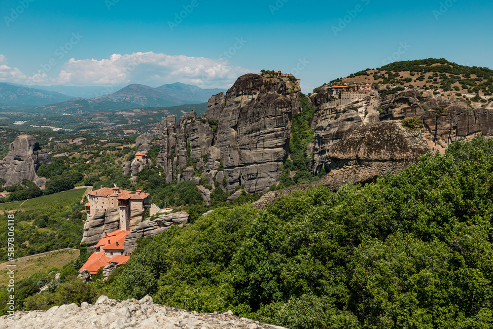 Kastraki, Grece - July 15, 2020 - Panorama of Kastraki Village at Meteora with high rocks and monasteries