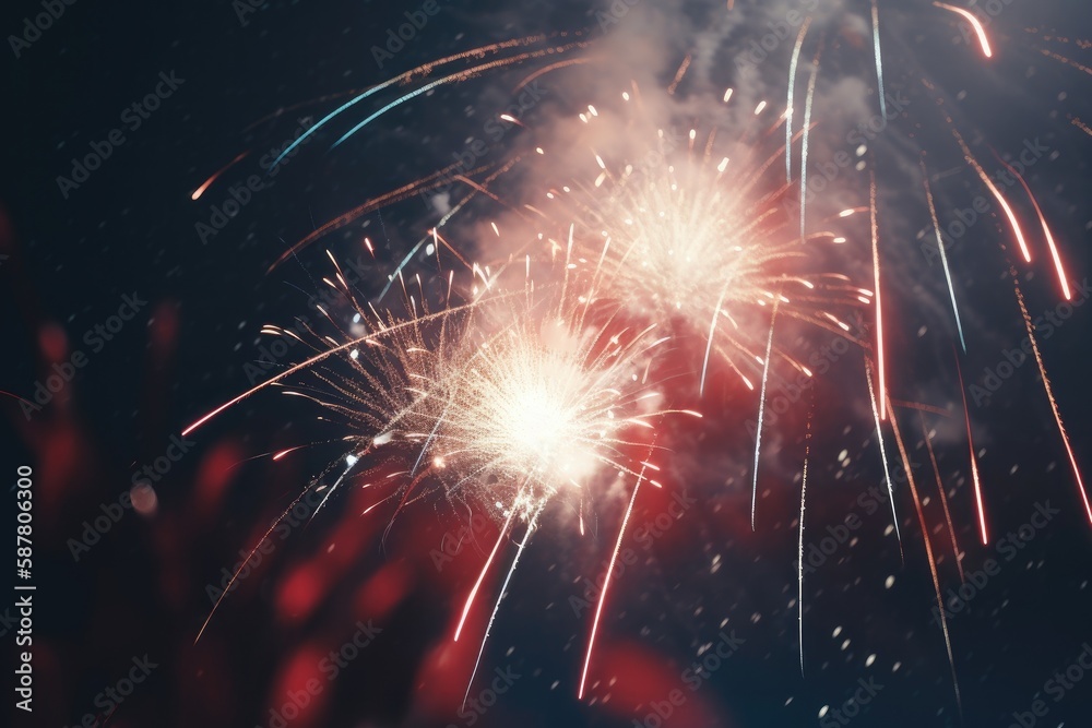 Fototapeta premium Patriotic spirit of the United States, with an American flag unfurled against a backdrop of colorful fireworks celebrating Independence Day Generative AI