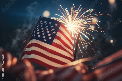Patriotic spirit of the United States, with an American flag unfurled against a backdrop of colorful fireworks celebrating Independence Day Generative AI