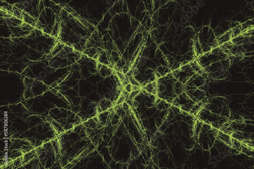 Green pattern of crooked threads on a black background. Abstract fractal 3D rendering