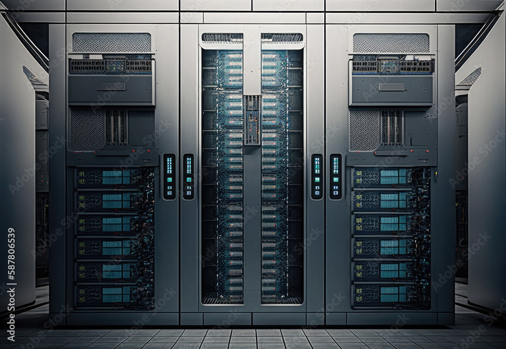 Working data center full of rack lighting servers. Dark glow illustration. Generative AI. Working data center full of rack lighting servers. Dark glow illustration. Generative AI.