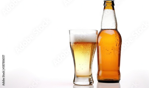  a glass and a bottle of beer on a white background.  generative ai
