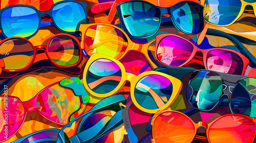 Bunch of colorful sunglasses sitting on top of each other. Generative AI. photo