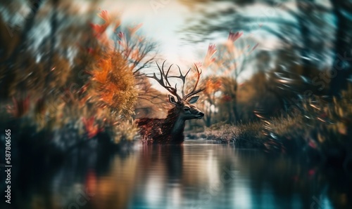  a painting of a deer standing in the middle of a lake.  generative ai