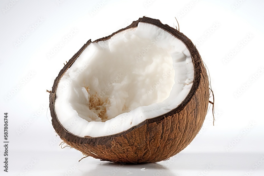 a half eaten coconut sitting on top of a white table. generative ai a half eaten coconut sitting on top of a white table. generative ai