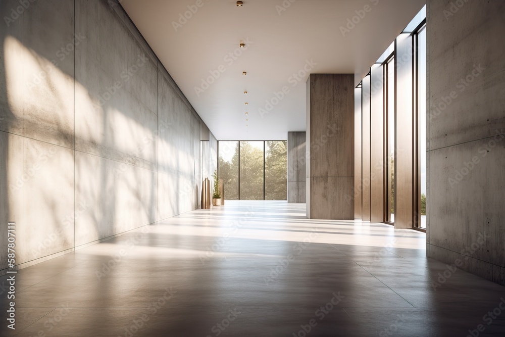 Modern concrete corridor interior with empty mock up place on wall, pillars and daylight. AI generated