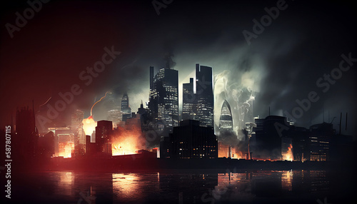 View of smoky burning urban city scape at night time 