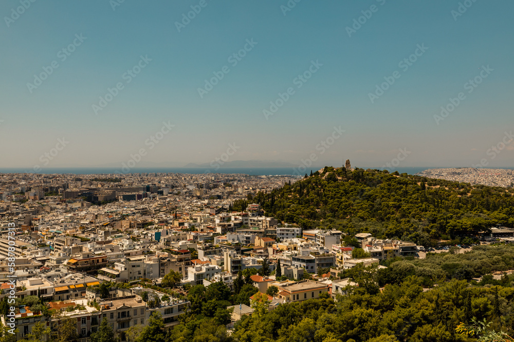 Athens, Grece - July 16, 2020 - Panorama of Athens seen form Ancient Parthenon on the Acropolis hill