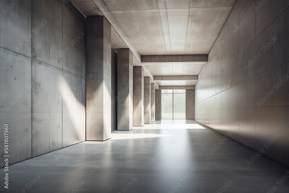 Modern concrete corridor interior with empty mock up place on wall, pillars and daylight. AI generated