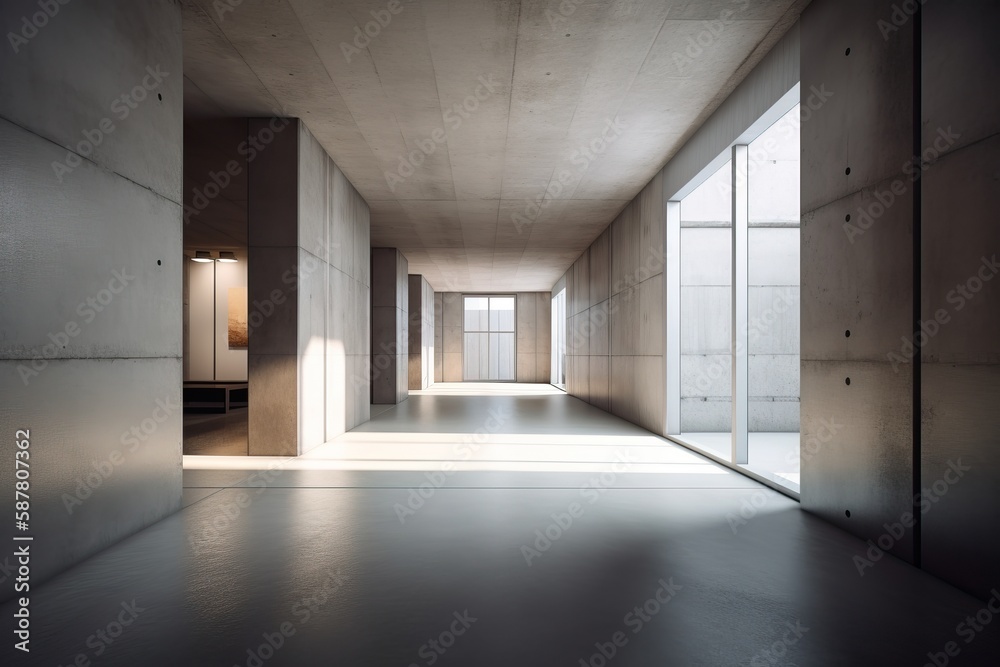 Modern concrete corridor interior with empty mock up place on wall, pillars and daylight. AI generated Modern concrete corridor interior with empty mock up place on wall, pillars and daylight. AI generated