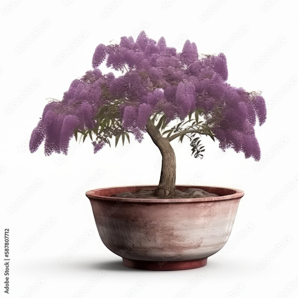 Jacaranda Tree plant plant in a mud pot frontal view isolated white background Generative AI