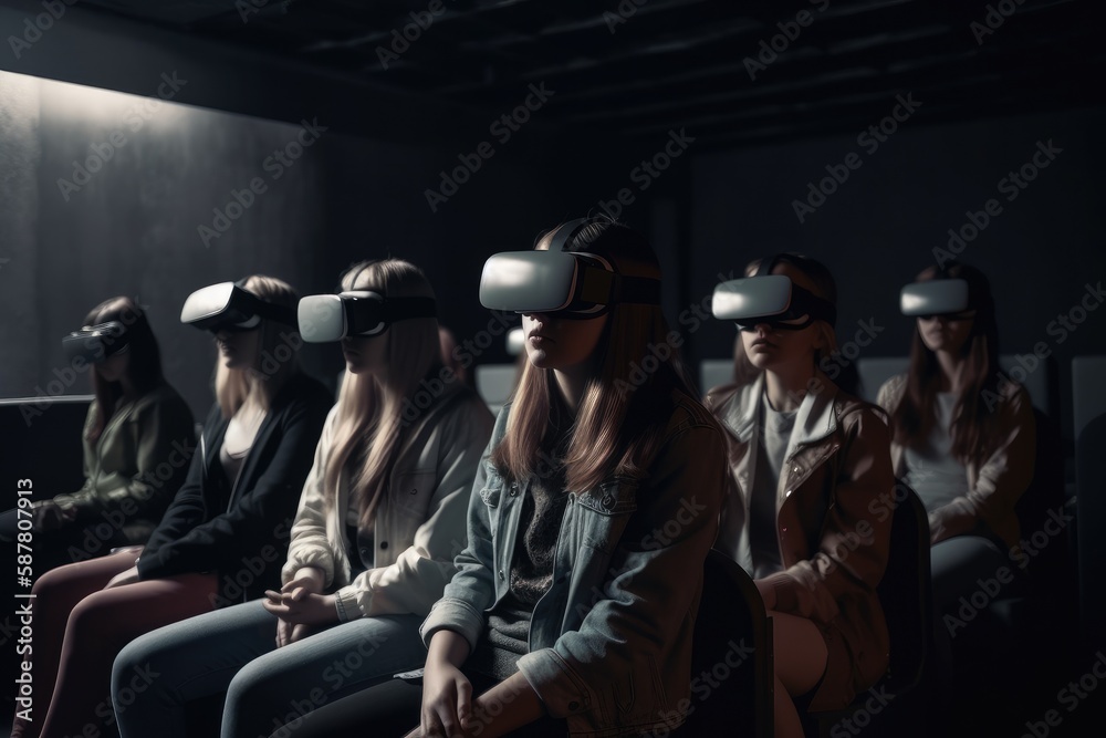 Virtual reality cinema, with a group of people wearing VR glasses while watching a movie Generative AI