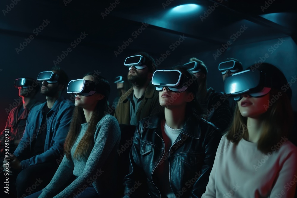 Virtual reality cinema, with a group of people wearing VR glasses while watching a movie Generative AI Virtual reality cinema, with a group of people wearing VR glasses while watching a movie Generative AI
