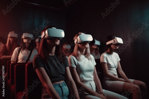 Virtual reality cinema  with a group of people wearing VR glasses while watching a movie Generative AI