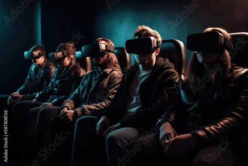 Virtual reality cinema, with a group of people wearing VR glasses while watching a movie Generative AI © ChaoticMind