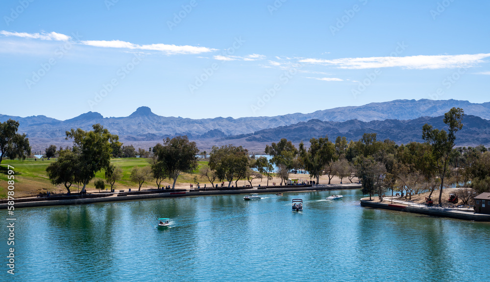 Bridgewater Channel at Lake Havasu City, Arizona. The channel canal was dredged under London Bridge and flooded, which creates a shortcut between Thompson Bay and the rest of Lake Havasu to the north.