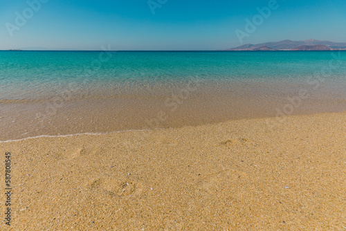 Beautiful empty beach Agios Prokopios on Naxos Island with turquoise sea lagoon