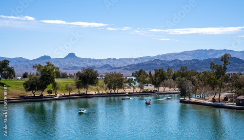 Bridgewater Channel at Lake Havasu City, Arizona. The channel canal was dredged under London Bridge and flooded, which creates a shortcut between Thompson Bay and the rest of Lake Havasu to the north.