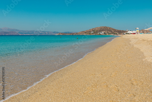Beautiful empty beach Agios Prokopios on Naxos Island with turquoise sea lagoon