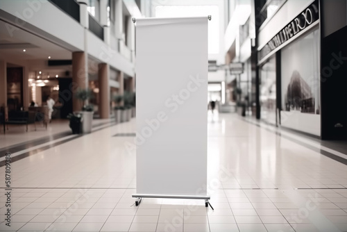 Blank roll up banner design mockup, background blurred public place, Generative AI