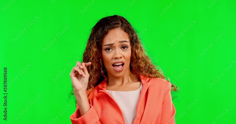 Woman, no and finger wagging by green screen to decline with attitude on face by background. Girl, disagree and hand gesture in portrait with sign language, emoji and frustrated with bad feedback