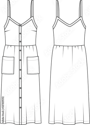 Women's Button-up, Strappy Dress - Technical fashion illustration. Front and back, white colour. Women's CAD mock-up. photo