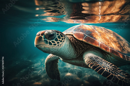 the turtle swims in the ocean with the sun shining on it and the sunshine in the sky above, with the sun shining in the middle of the water. Generative AI