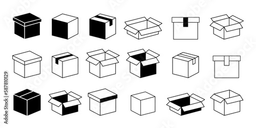 Box line icons. Empty open shipping box or unboxing line art. Carton boxes icon set. Stock vector. Vector illustration 10 eps.