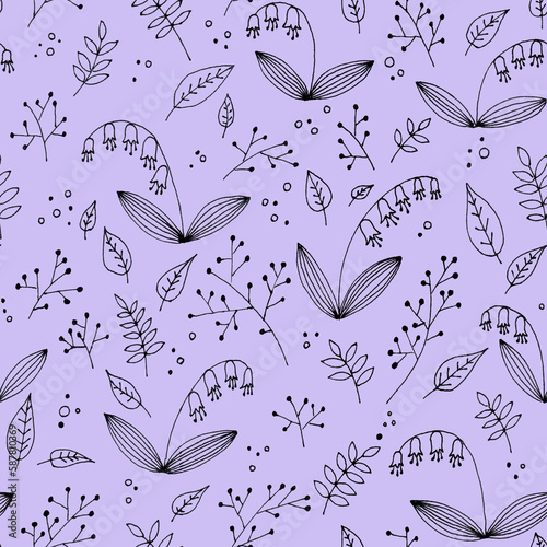 Hand drawn simple line art black may-lily flowers seamless pattern. Minimalistic forest meadow on violet purple background.